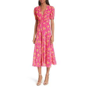 NEW SALONI Womens Lea Silk Midi Microfloral Dress Shocking Puff Sleeve Sz 6 $650